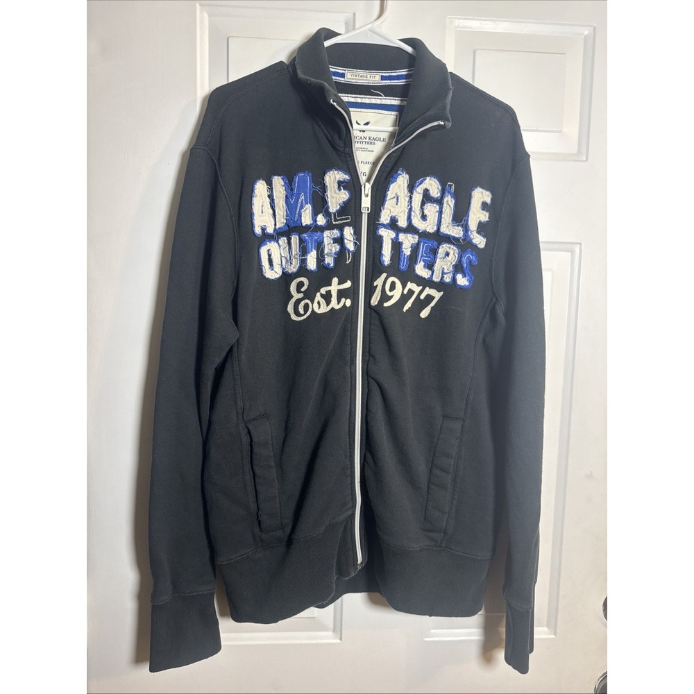American Eagle Vintage Fit Zip Hoodie Men's Large Black Fleece Jacket Y2K Style